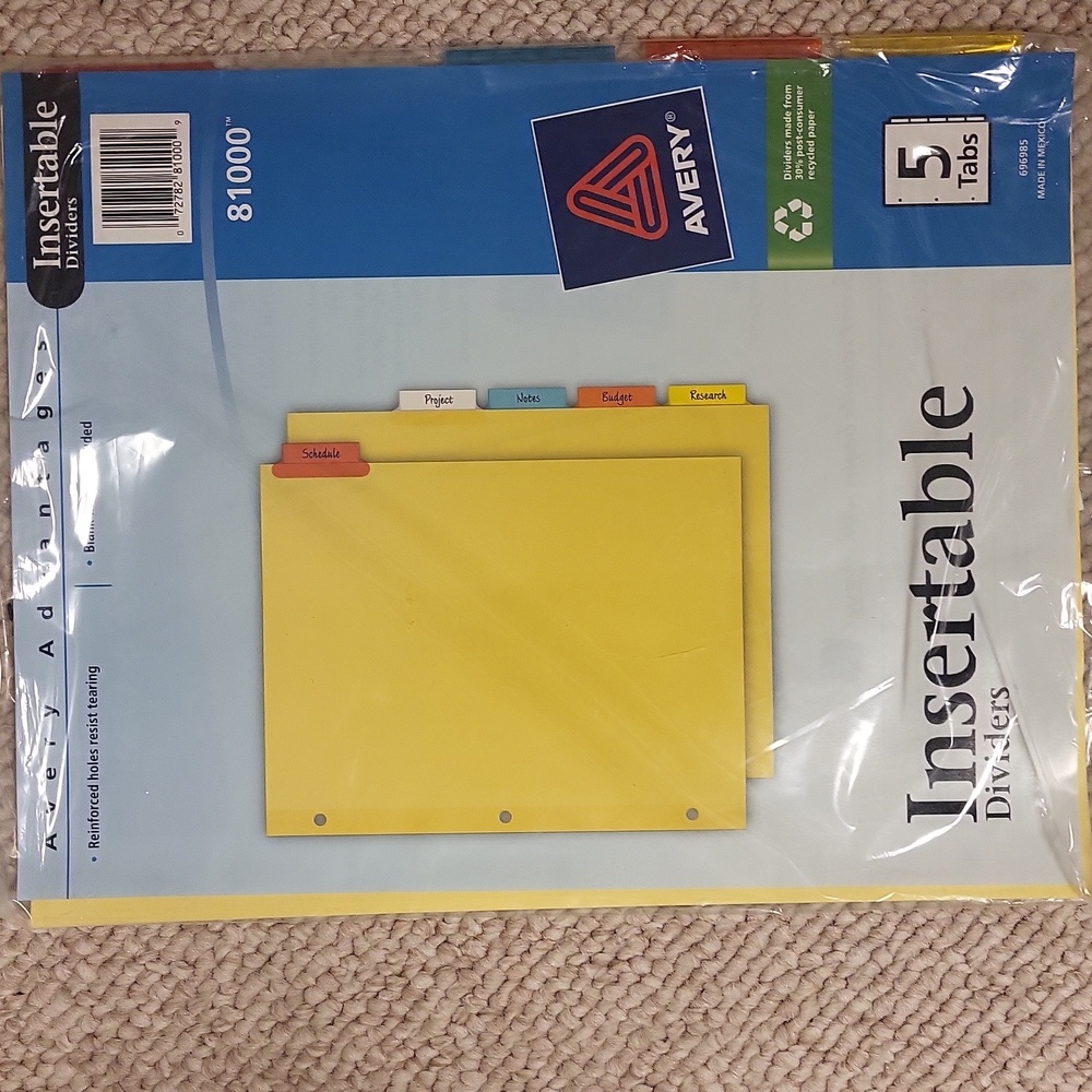 Lot of 4 New sealed Avery insertable dividers 5 tabs avery #81000